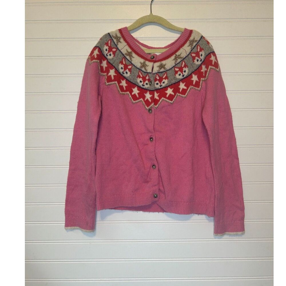 Mini Boden Girls Pink Fox Fair Isle Cardigan Sweater Size 8-9Y